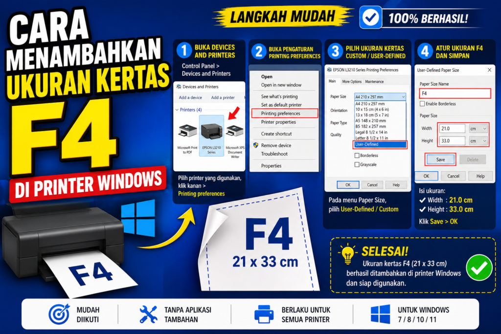 Cara menambahkan ukuran kertas F4