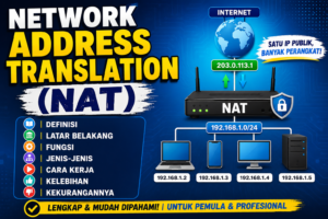 NAT (Network Address Translation) adalah sebuah teknik pada jaringan komputer yang digunakan untuk mengubah alamat IP (Internet Protocol) dari satu alamat ke alamat lain saat data melewati perangkat jaringan, seperti router atau firewall.