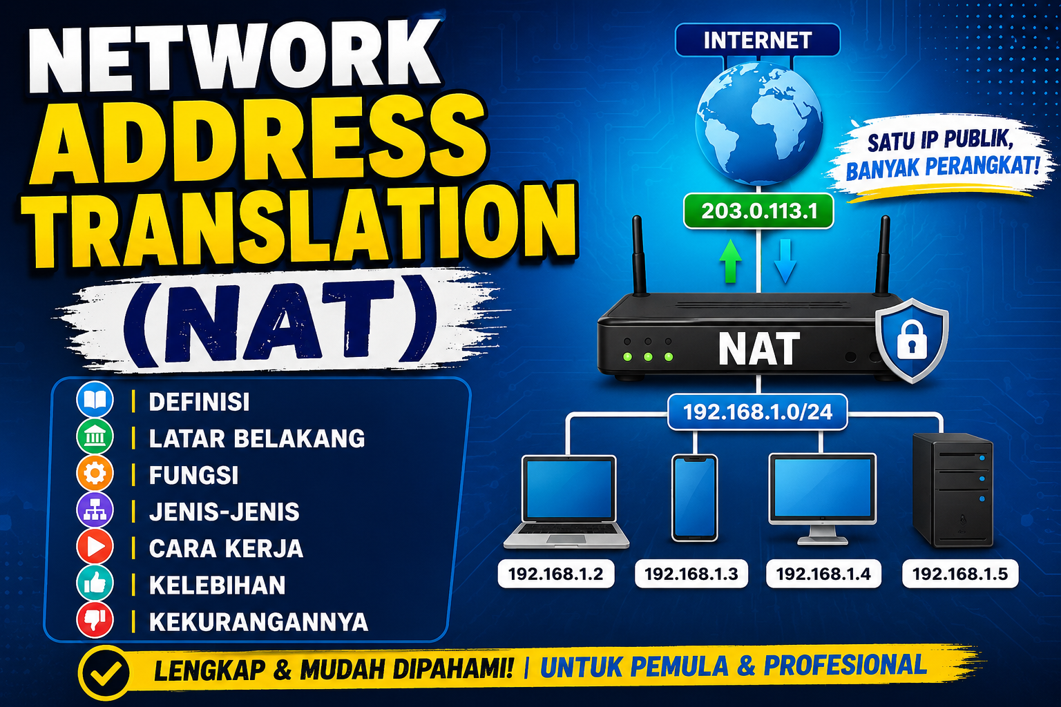 NAT (Network Address Translation) adalah sebuah teknik pada jaringan komputer yang digunakan untuk mengubah alamat IP (Internet Protocol) dari satu alamat ke alamat lain saat data melewati perangkat jaringan, seperti router atau firewall.