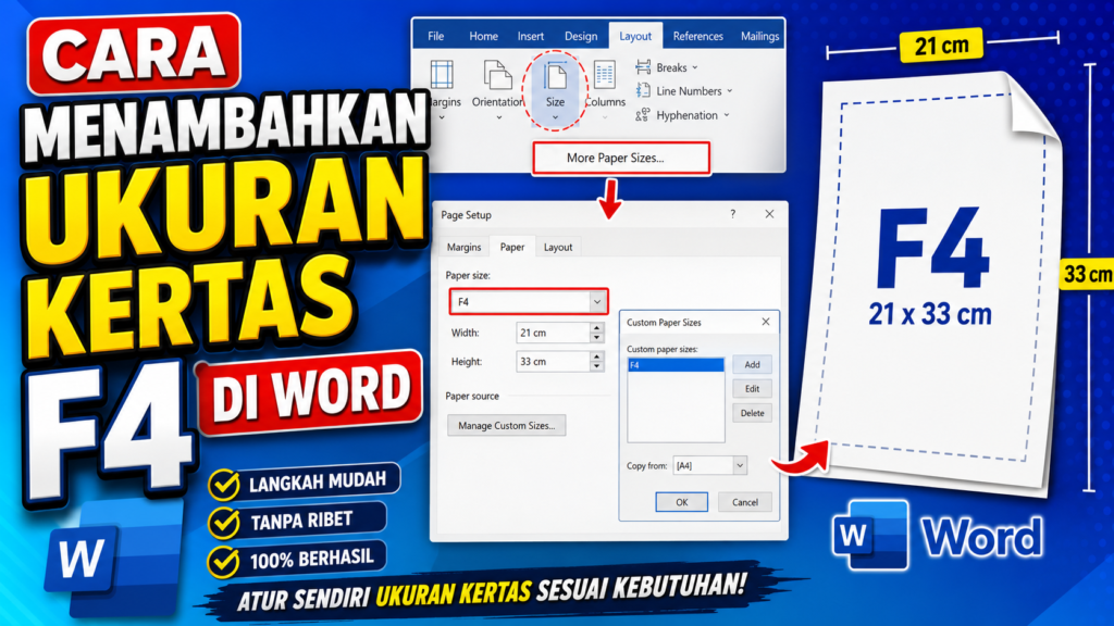 cara menambahkan ukuran kertas f4 di word