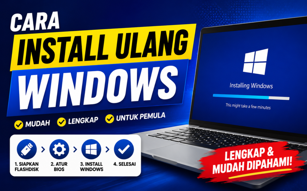 buatkan thumbail yang simpel dan menarik "cara install ulang windows"